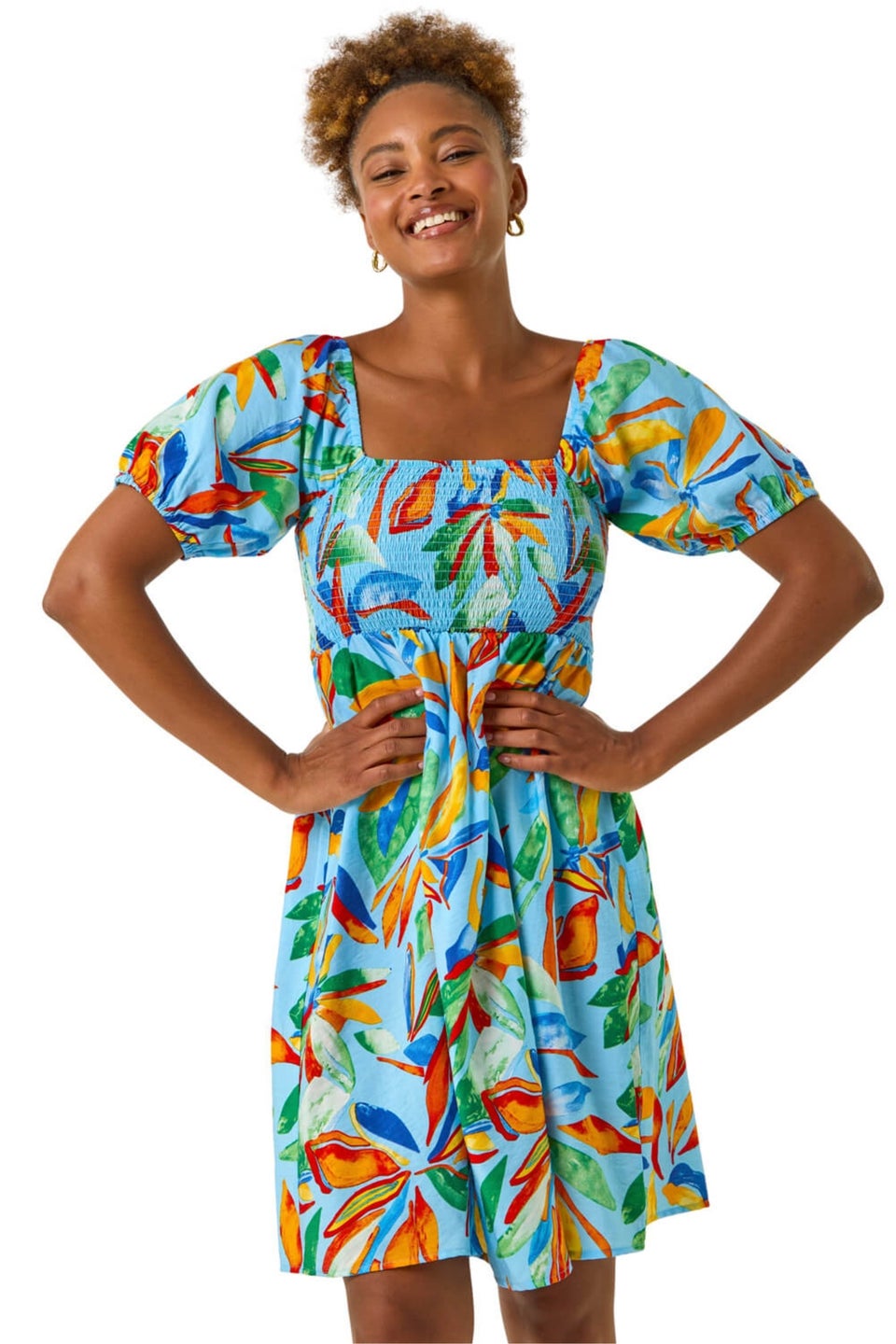 Roman Light Blue Leaf Print Shirred Short Dress