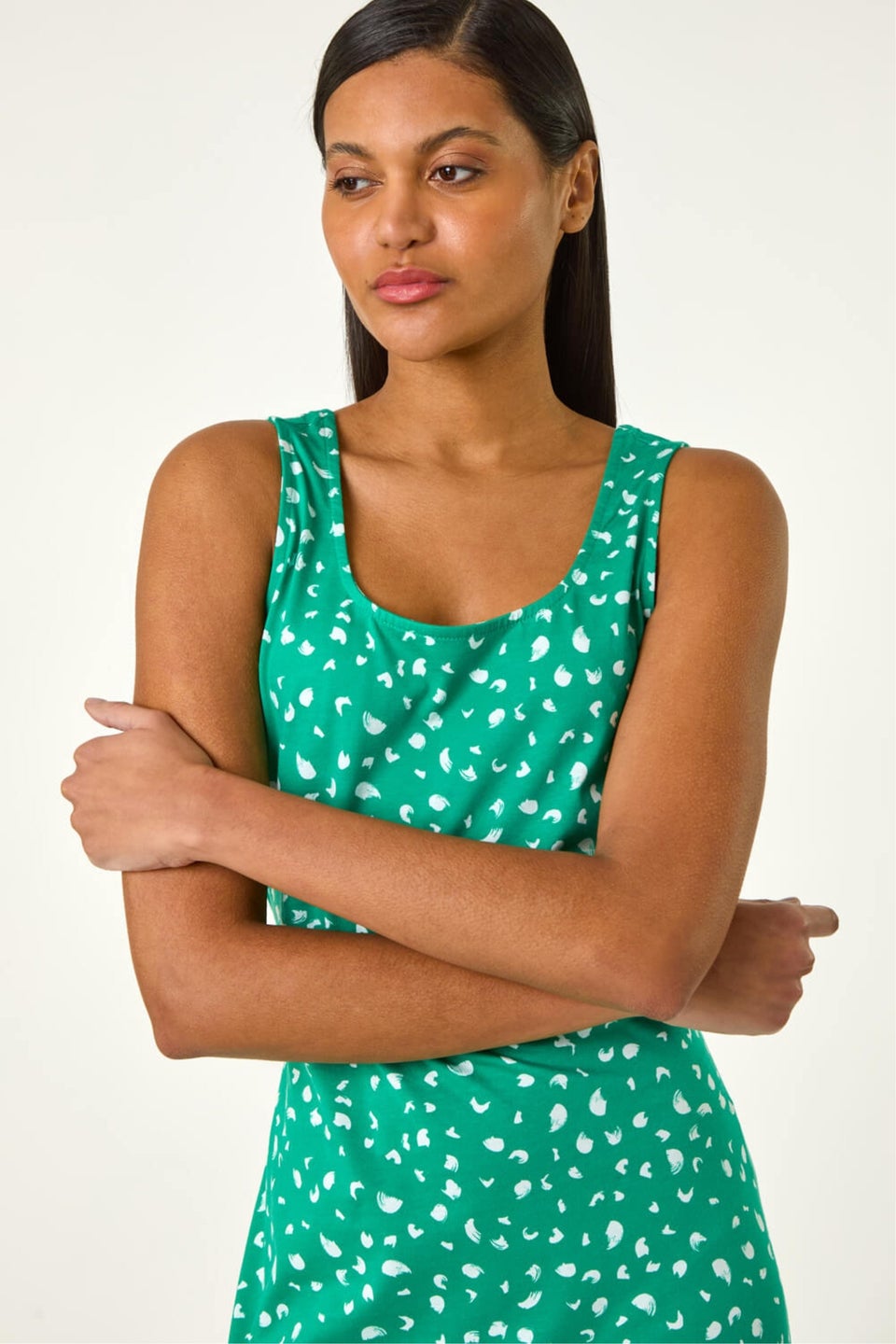 Roman Green Cotton Speckled Print Midi Dress