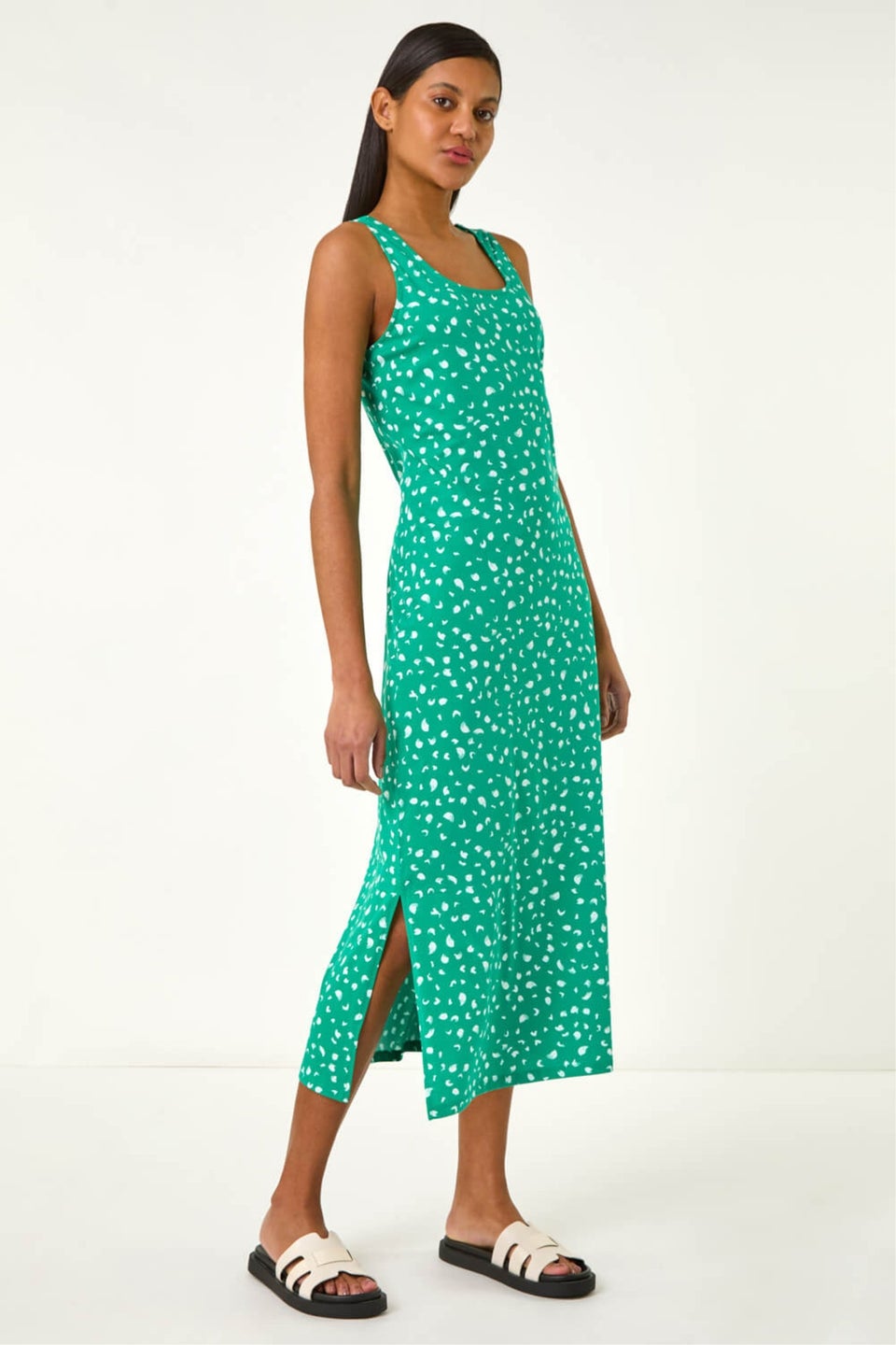 Roman Green Cotton Speckled Print Midi Dress
