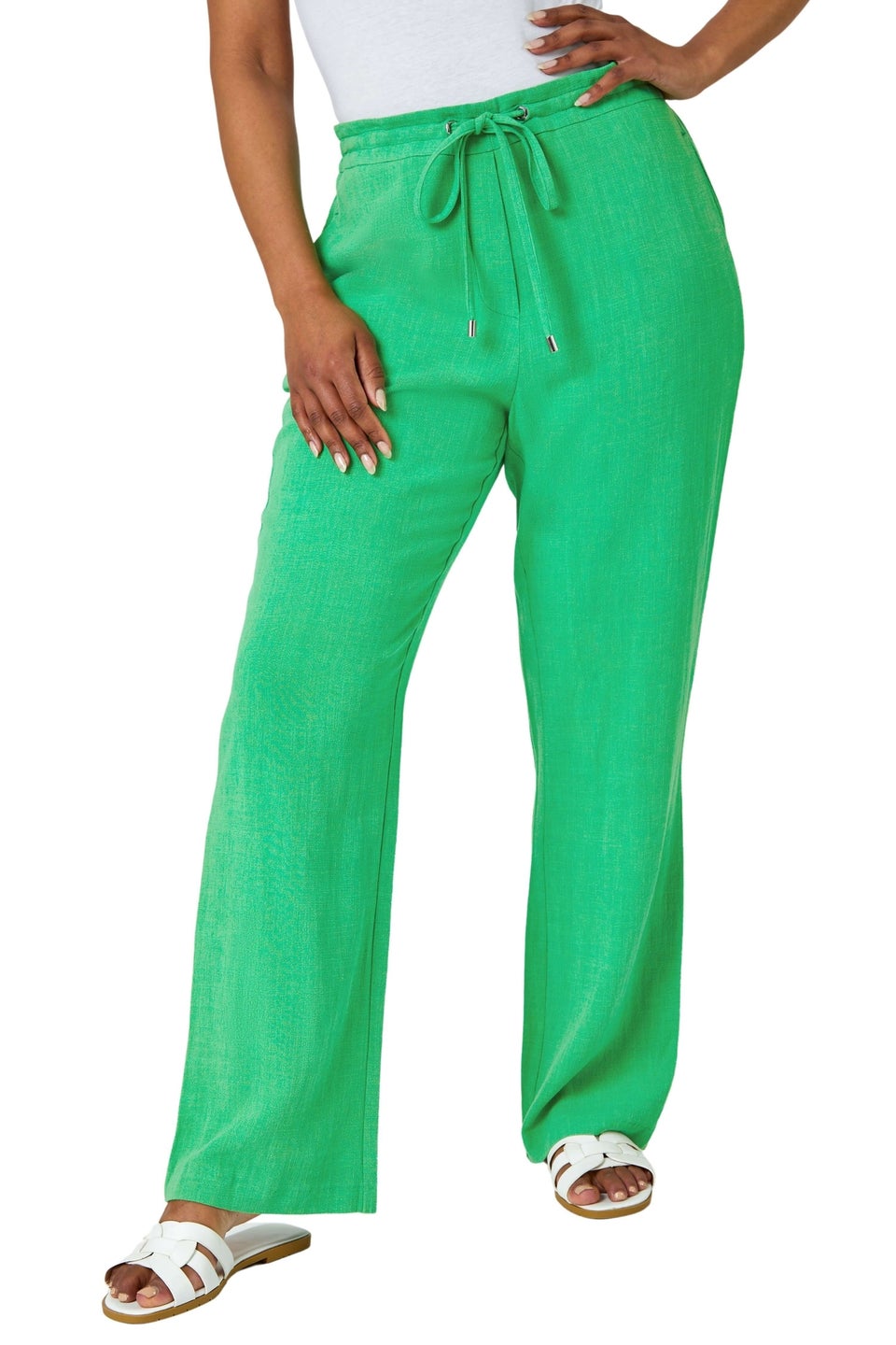 Roman Green Petite Linen Mix Elastic Waist Tie Front Trousers