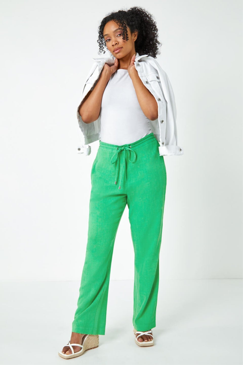 Roman Green Petite Linen Mix Elastic Waist Tie Front Trousers
