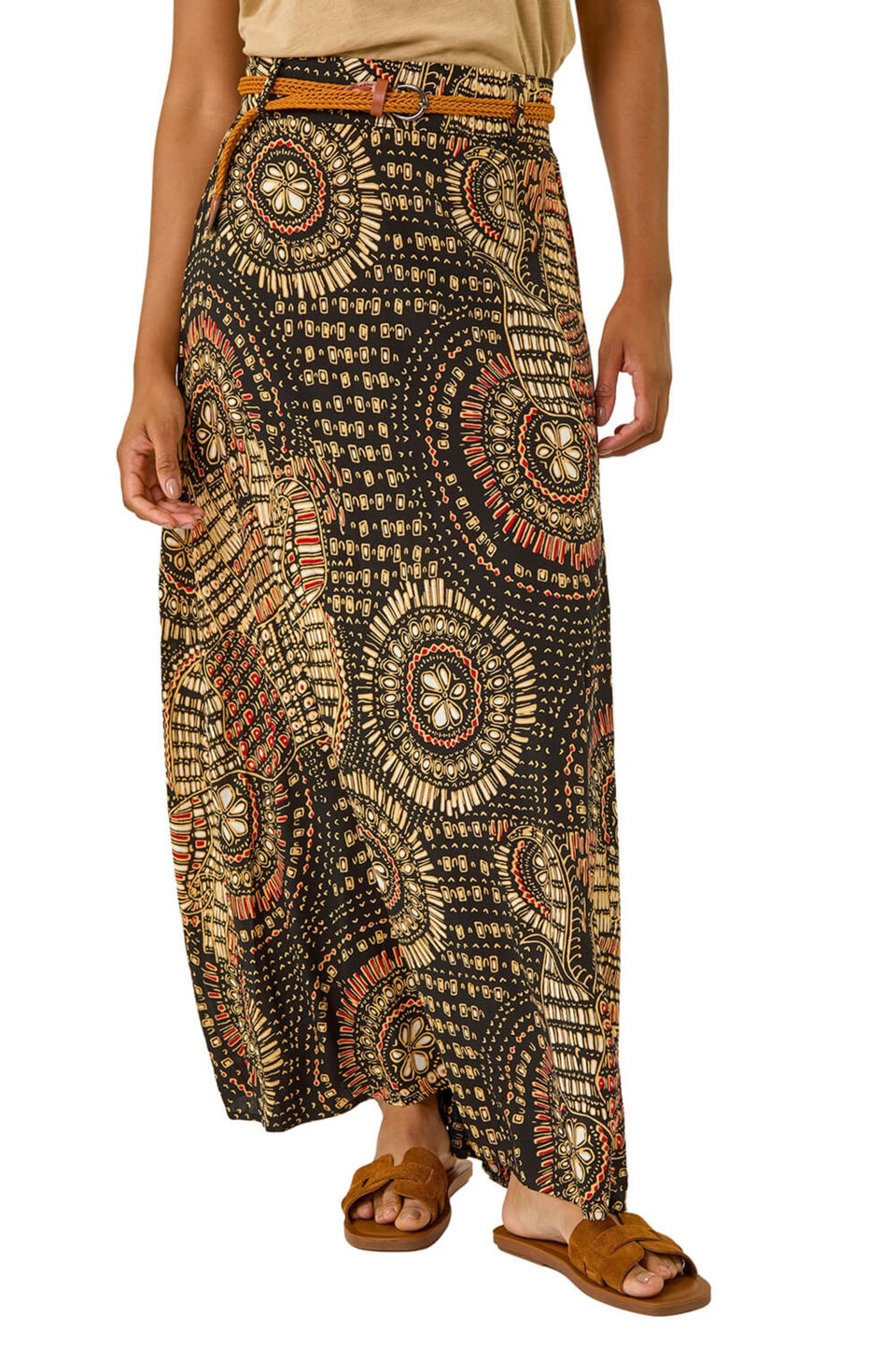 Roman Black Abstract Print Belted A-Line Skirt