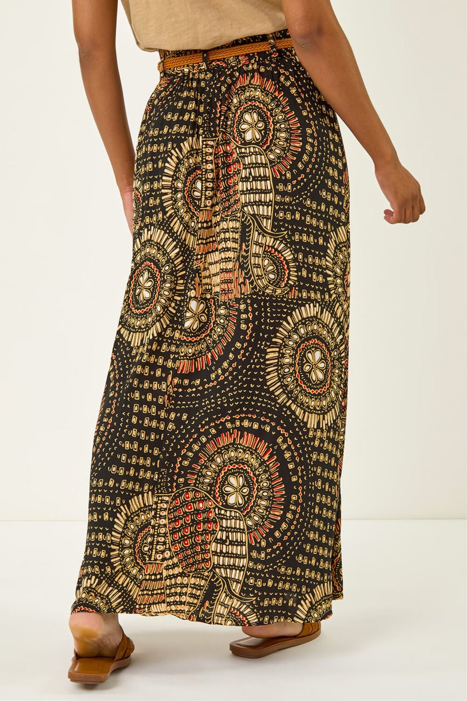 Roman Black Abstract Print Belted A-Line Skirt