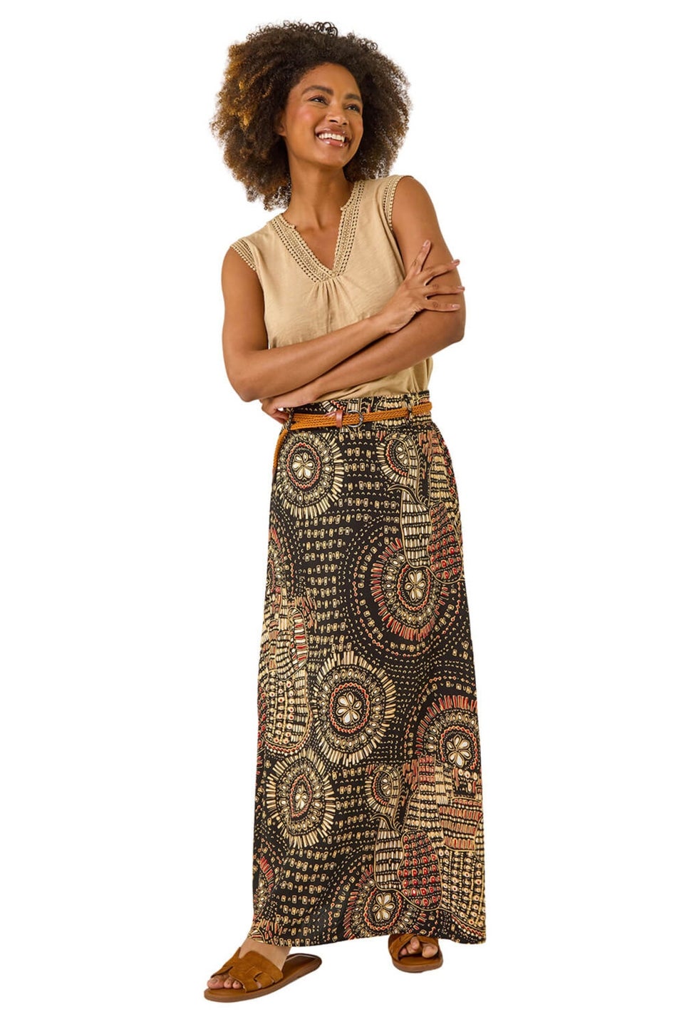 Roman Black Abstract Print Belted A-Line Skirt