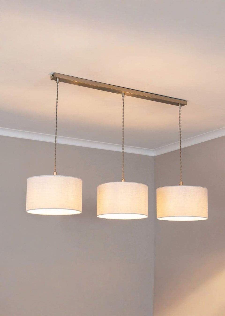 ValueLights Reni White Drum Shade 3 Drop Bar Diner Ceiling Pendant Light