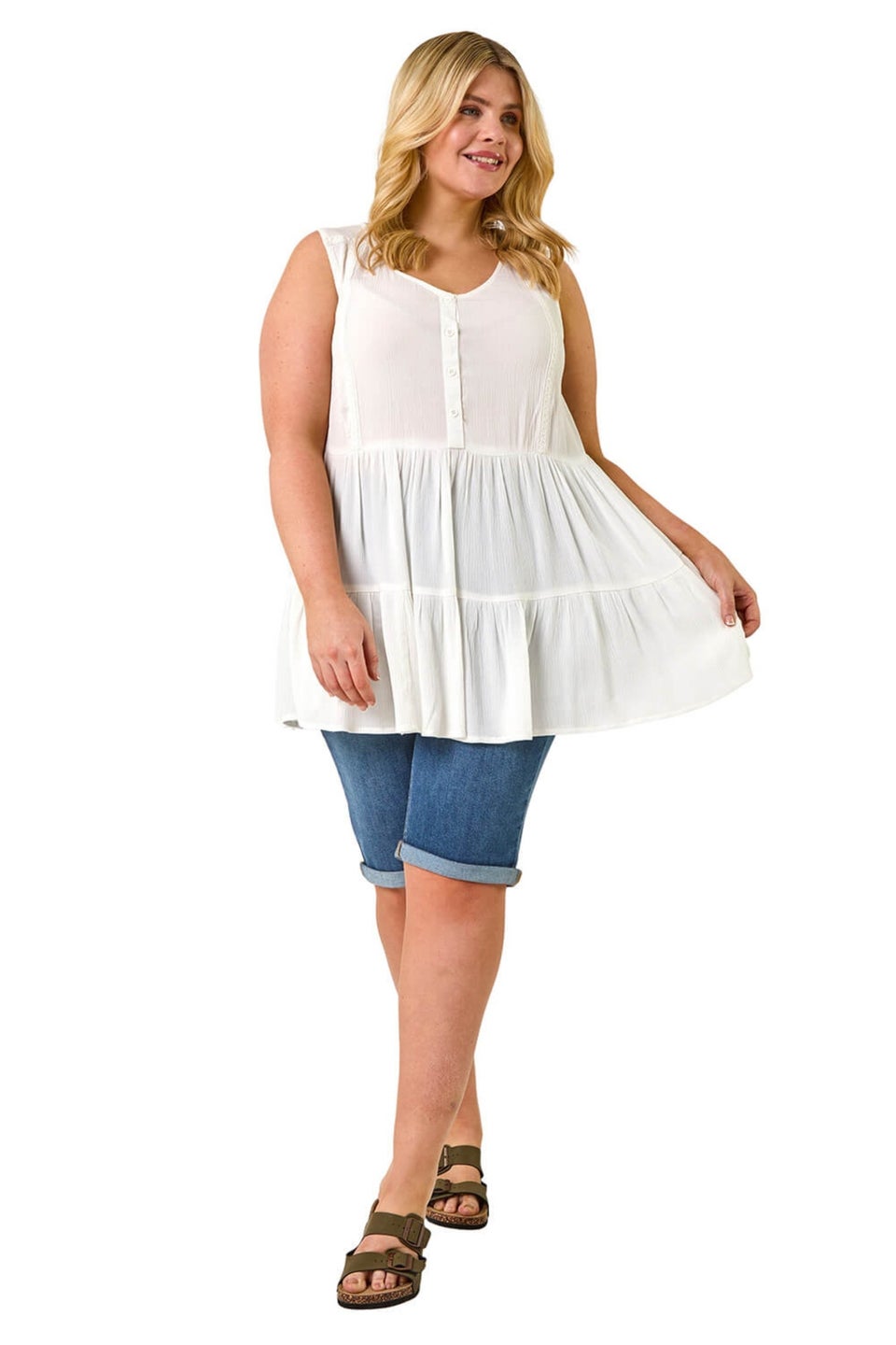 Roman Ivory Curve Lace Woven Button Vest