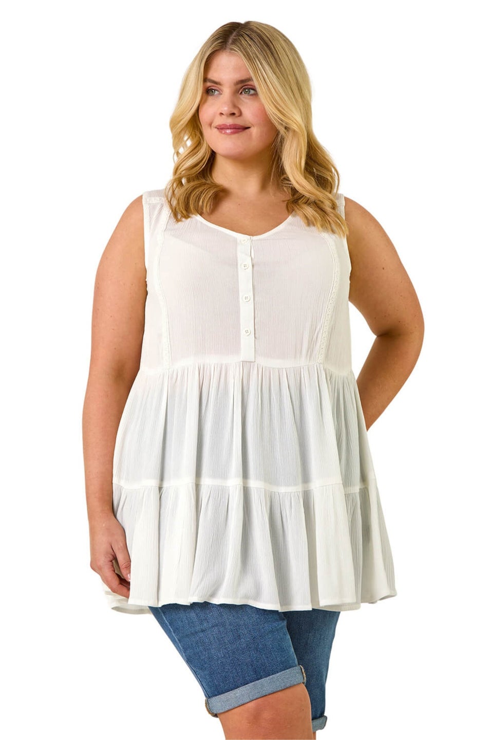 Roman Ivory Curve Lace Woven Button Vest