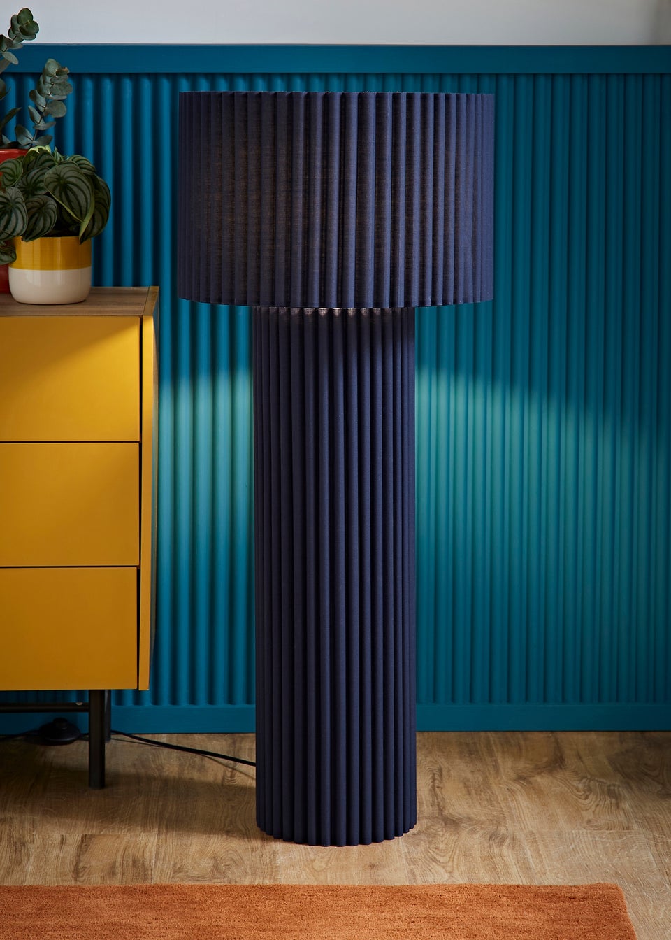 ValueLights Lenny Drum Lamp Shade Colour Drench Ribbed Fabric Midi Floor Lamp