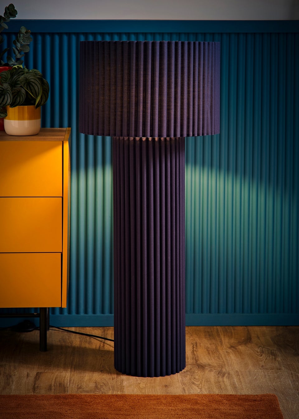 ValueLights Lenny Drum Lamp Shade Colour Drench Ribbed Fabric Midi Floor Lamp