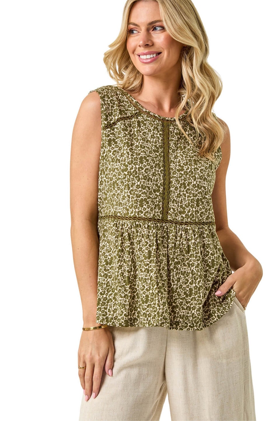 Roman Khaki Petite Floral Print Trim Vest Top