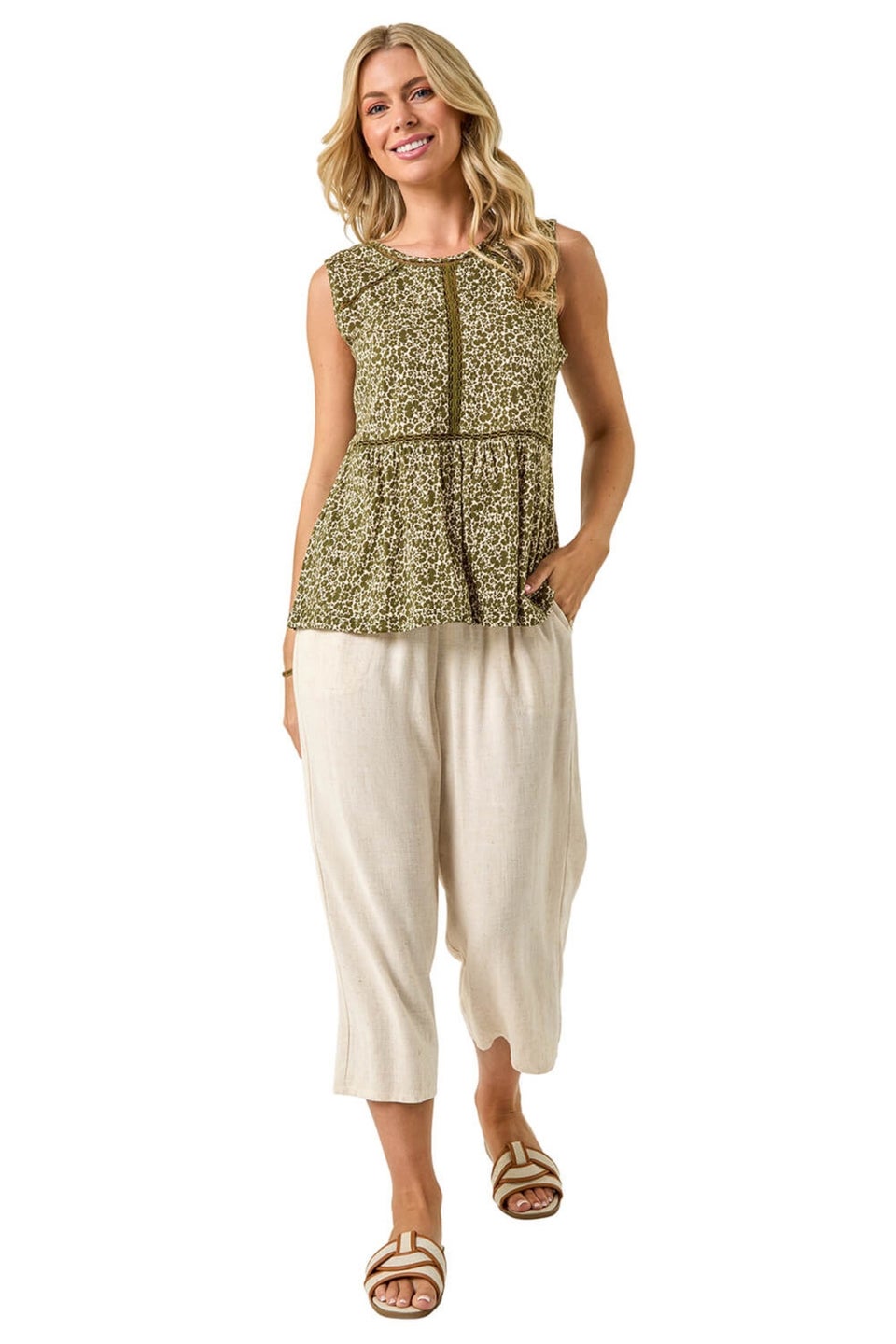 Roman Khaki Petite Floral Print Trim Vest Top