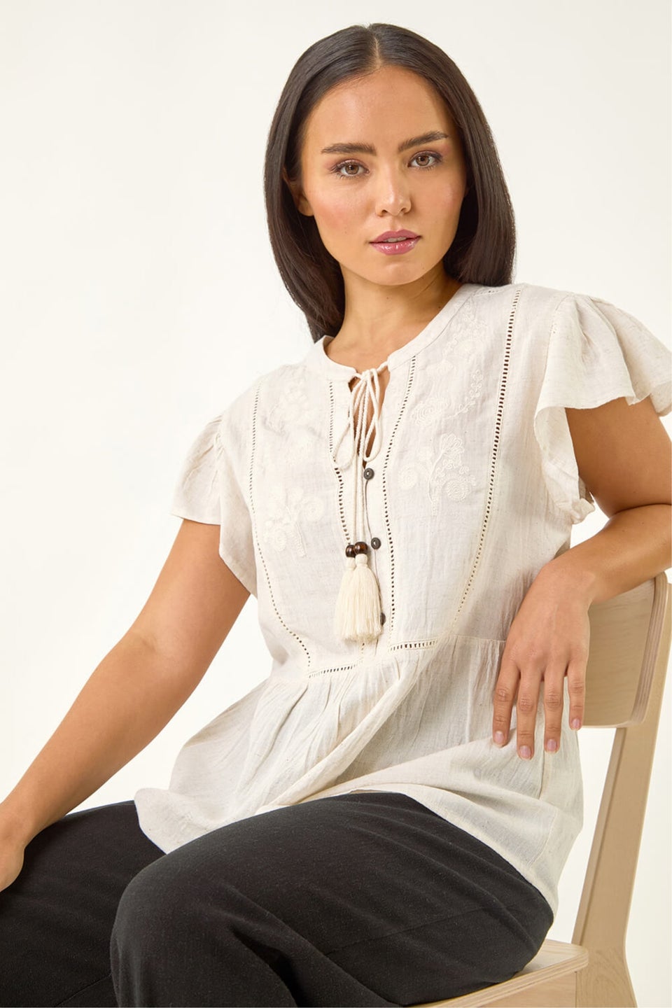 Roman Ivory Petite Embroidered Tassel Tie Top