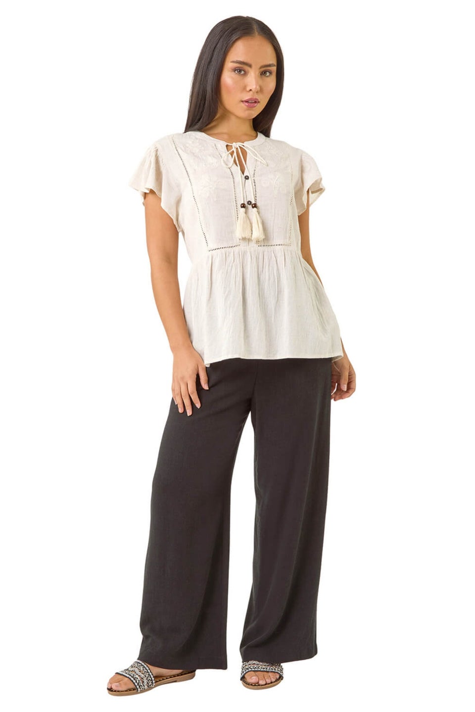 Roman Ivory Petite Embroidered Tassel Tie Top