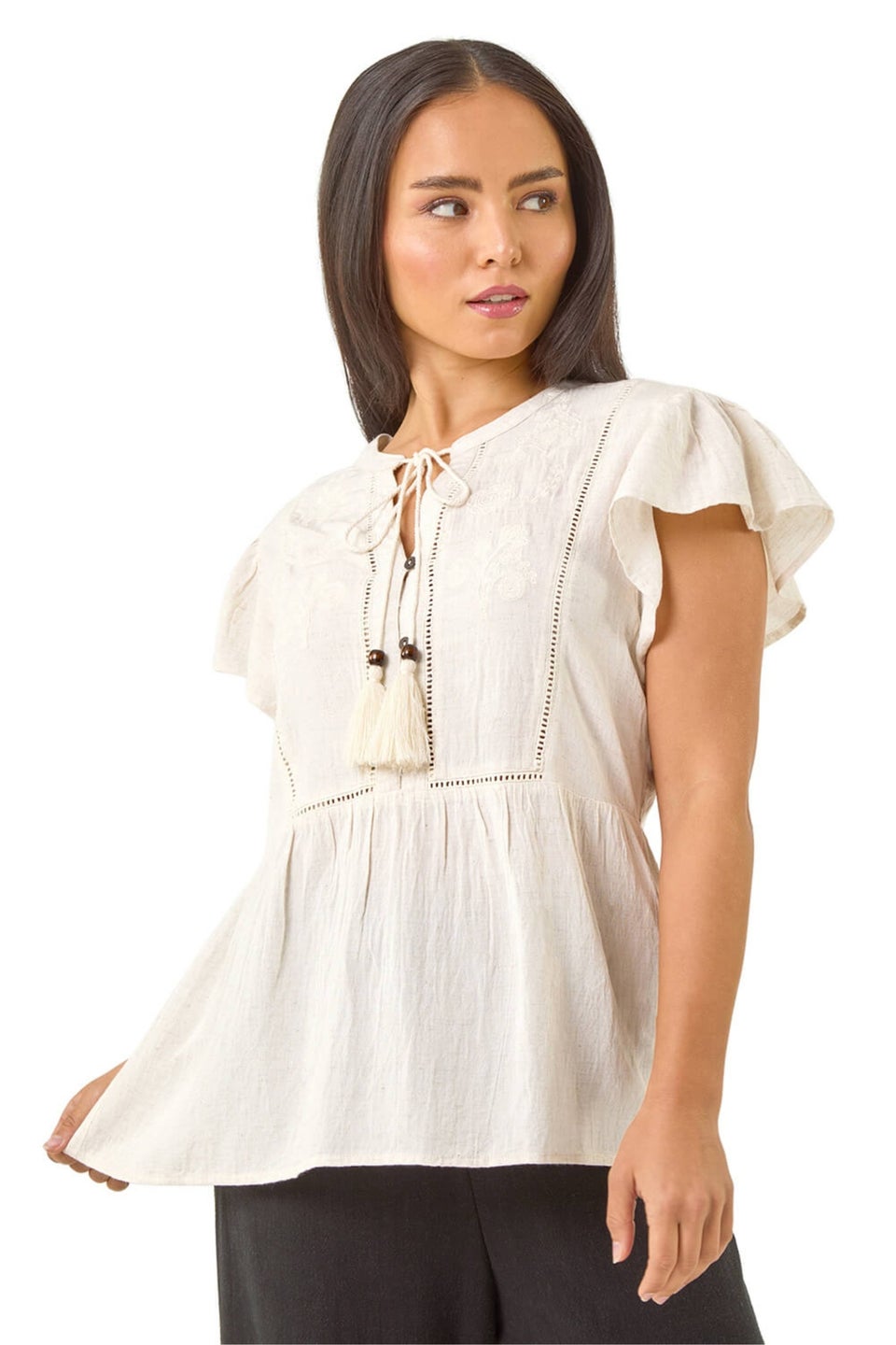 Roman Ivory Petite Embroidered Tassel Tie Top