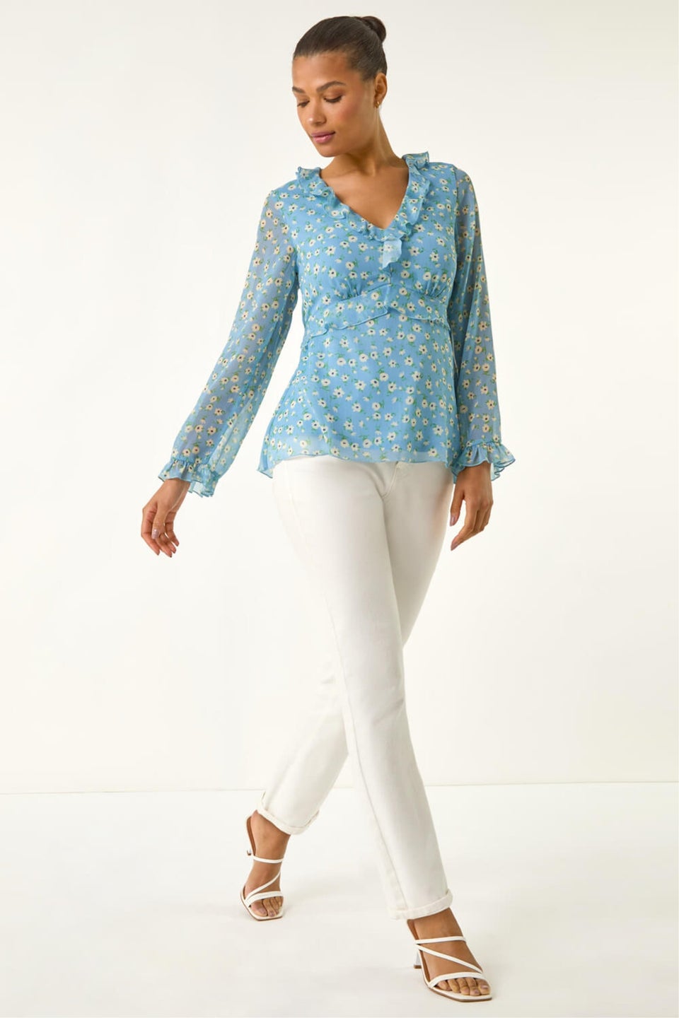 Roman Light Blue Ditsy Floral Print Frilled Top