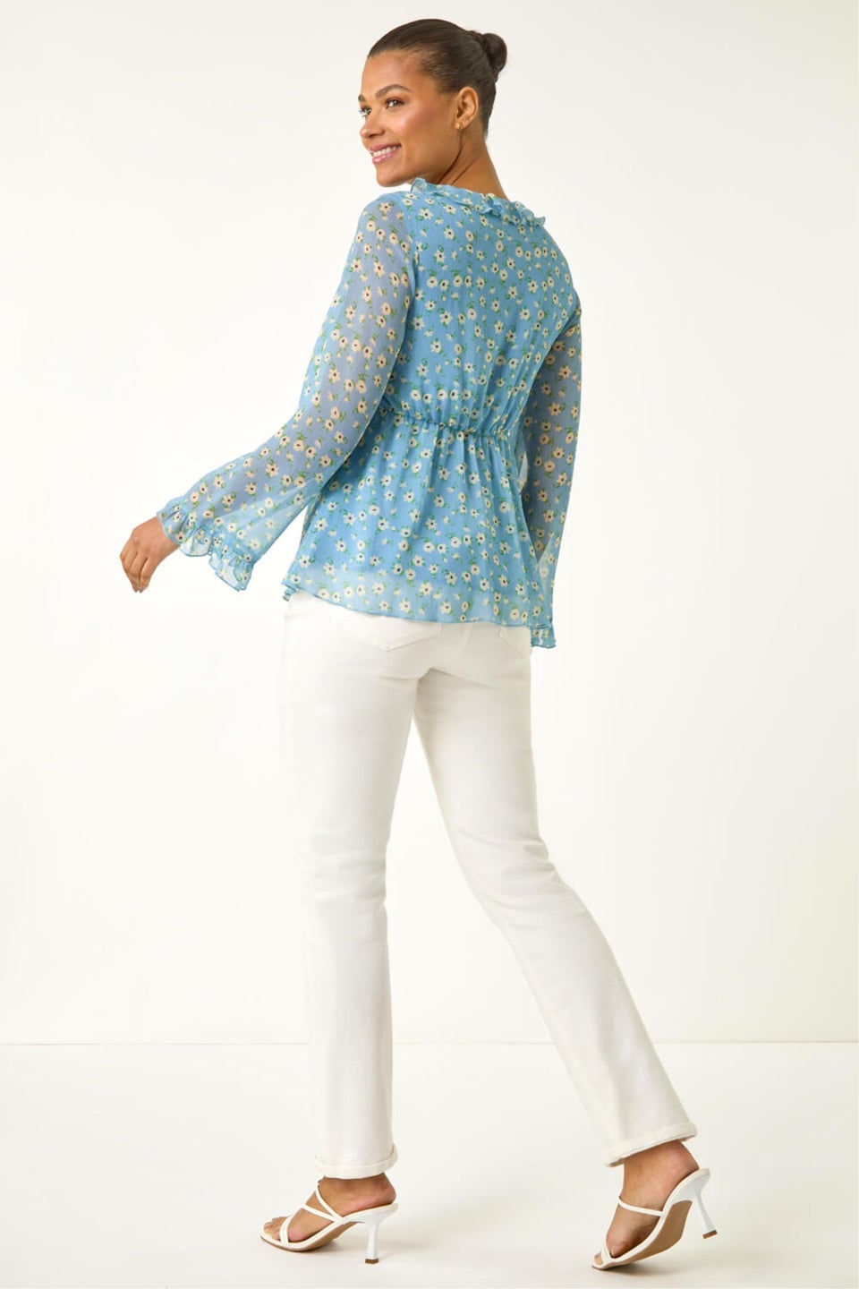 Roman Light Blue Ditsy Floral Print Frilled Top