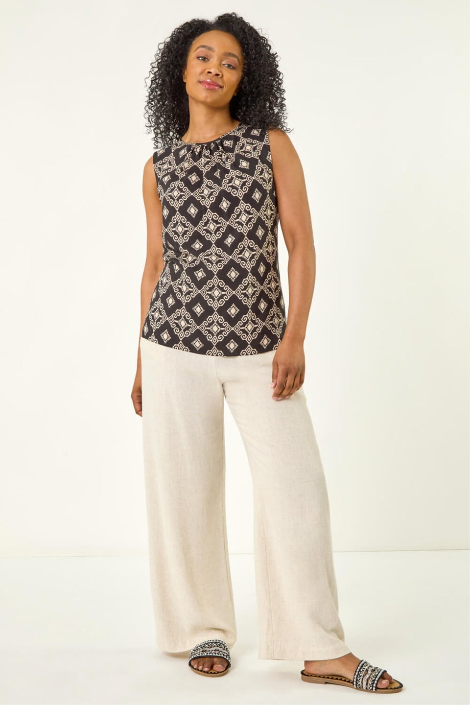 Roman Black Petite Geometric Gathered Shell Top