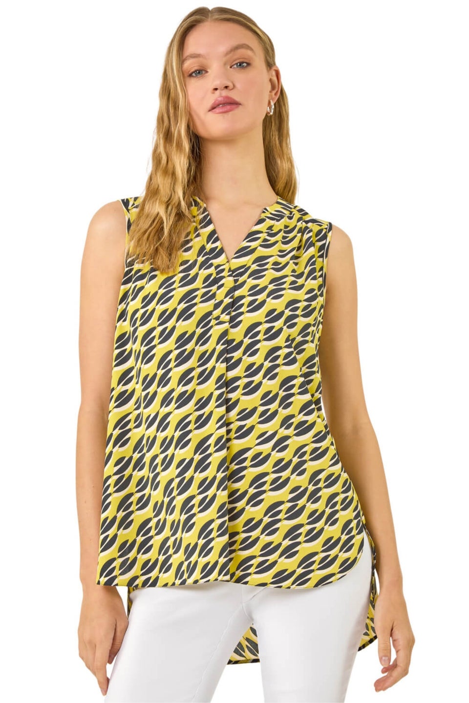 Roman Yellow Geo Print Pleat Front Vest Top