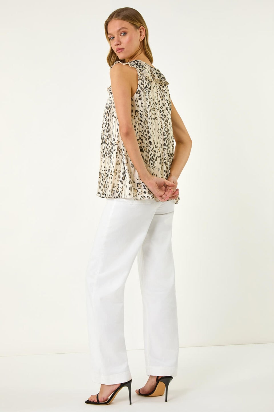 Roman Beige Animal Print Ruffle Front Vest Top