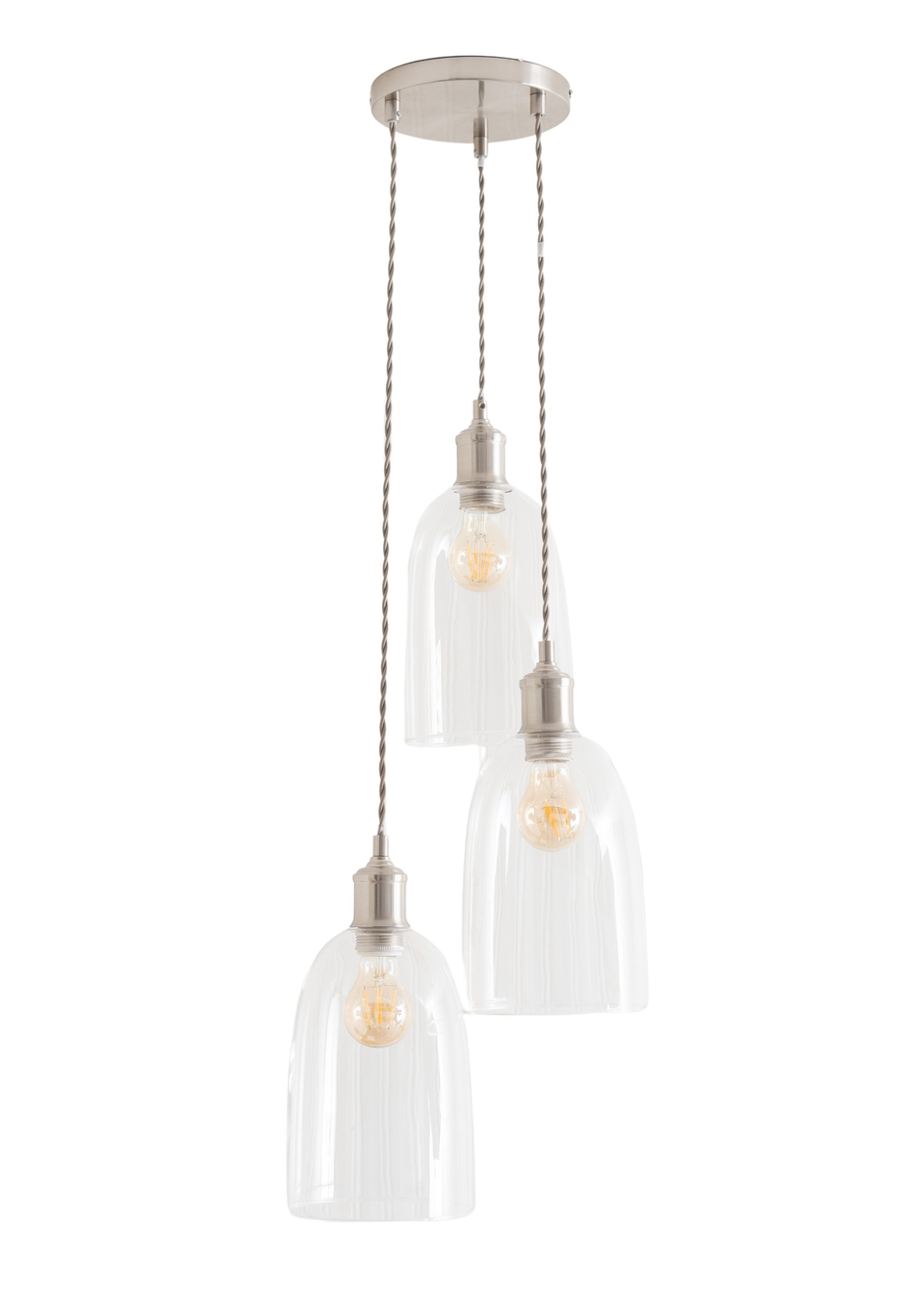 ValueLights Kira Glass Cloche Dome 3 Drop Cluster Brushed Chrome Ceiling Pendant Light