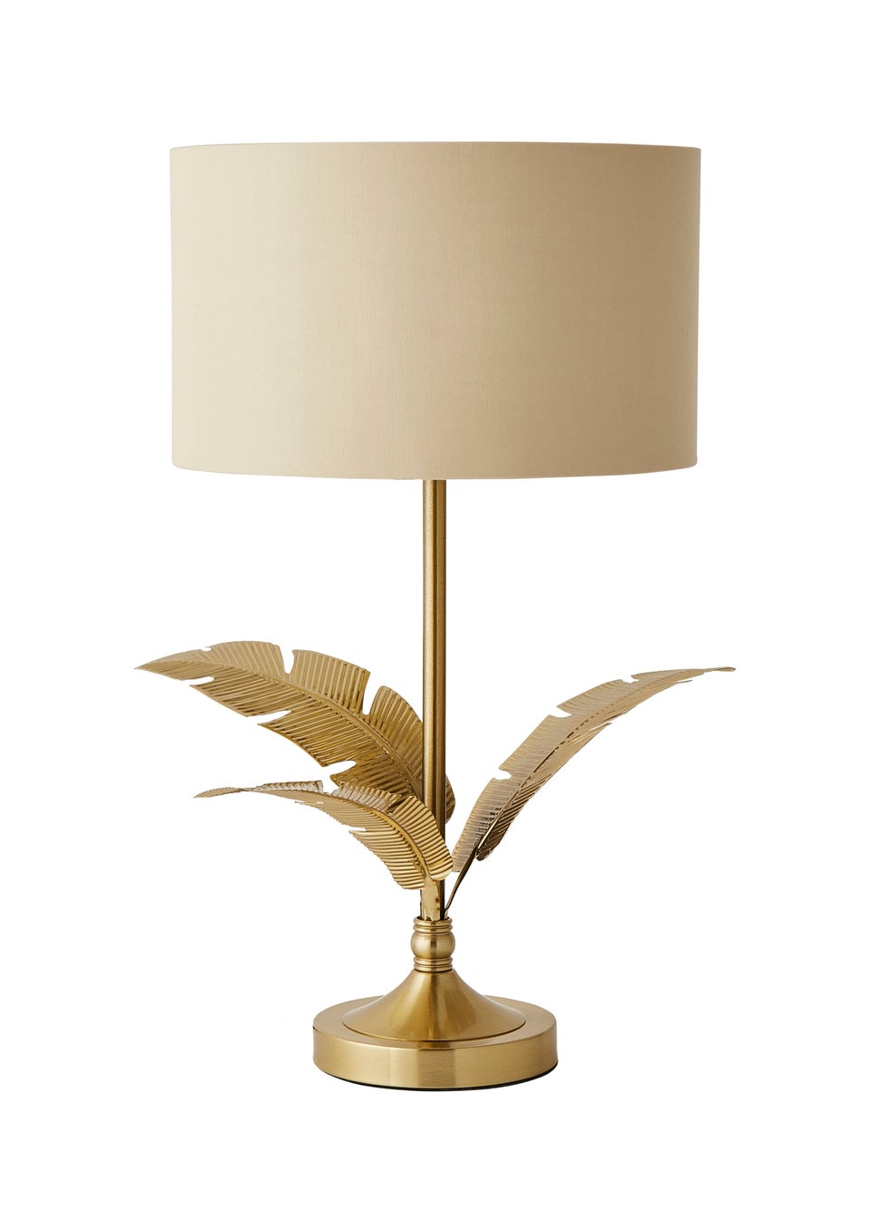 ValueLights Christina Natural with Metallic Gold Drum Shade Gold Palm Leaf Table Lamp