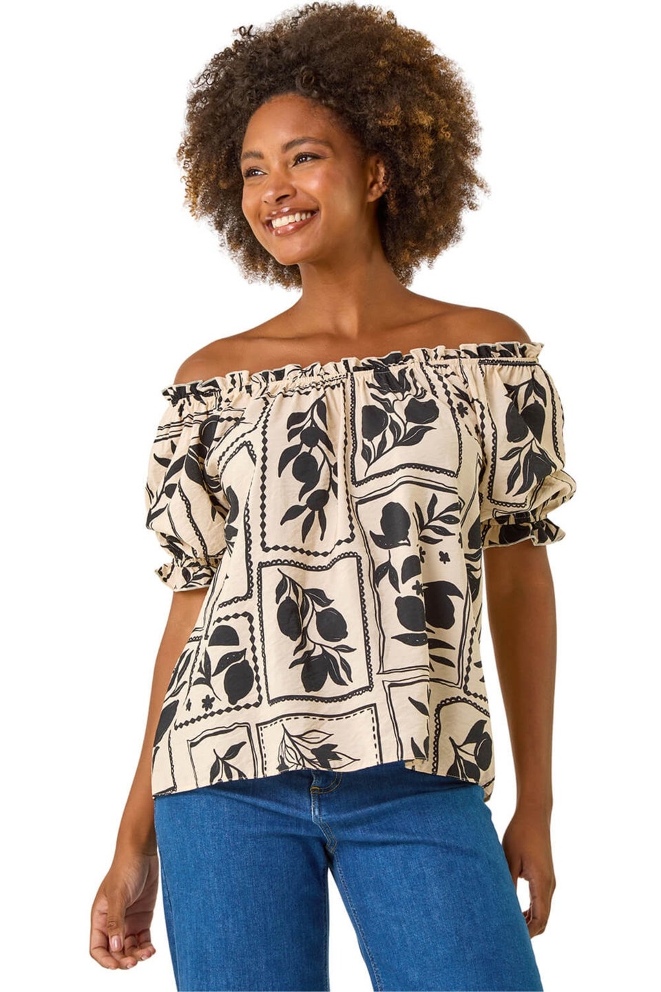 Roman Black Mono Print Bardot Top