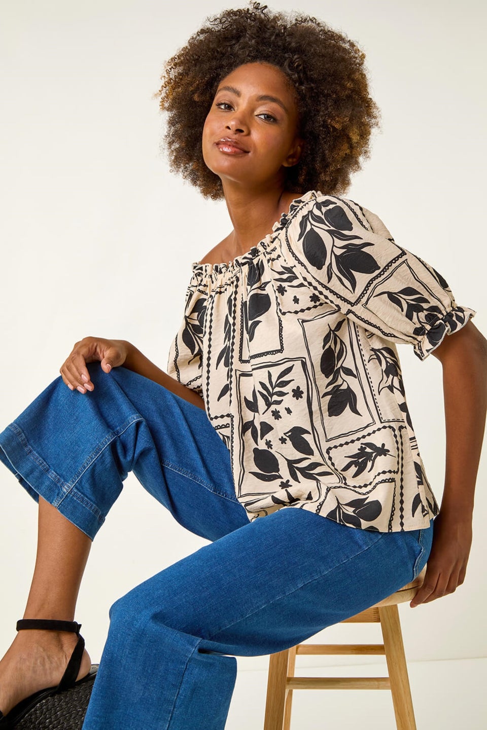 Roman Black Mono Print Bardot Top