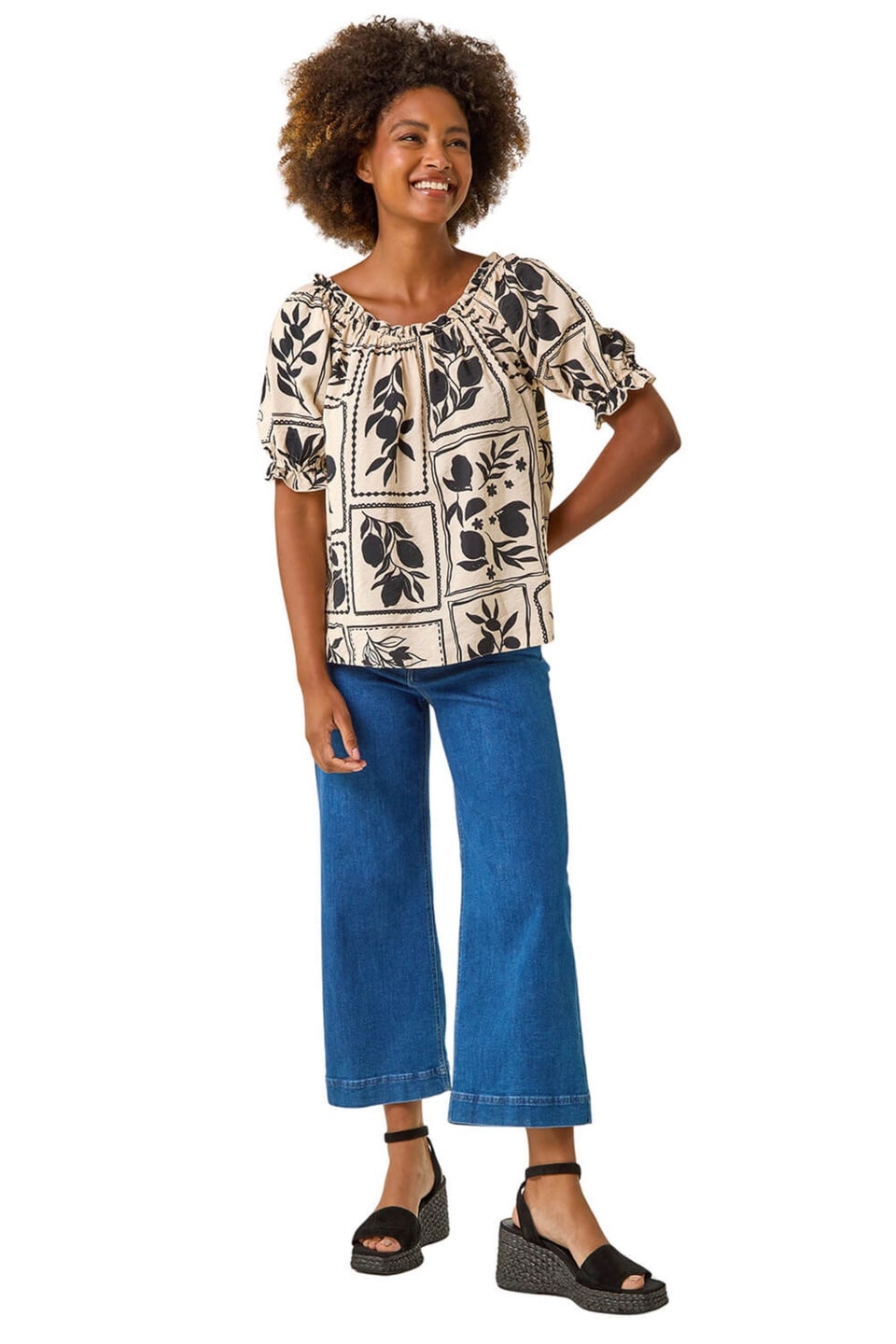 Roman Black Mono Print Bardot Top