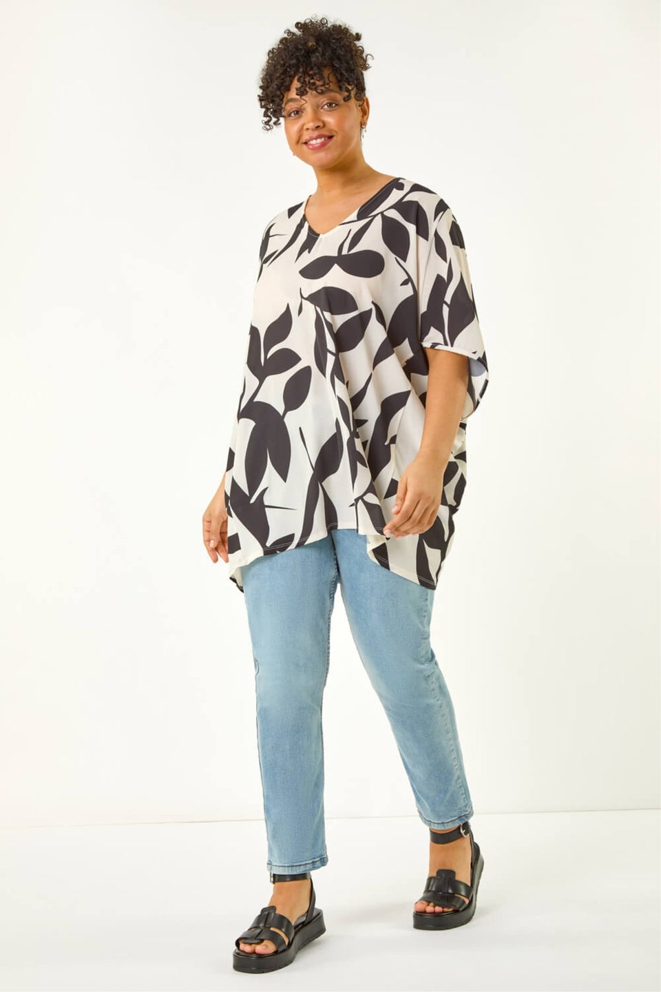 Roman Black Curve Large Floral Print Cocoon Top