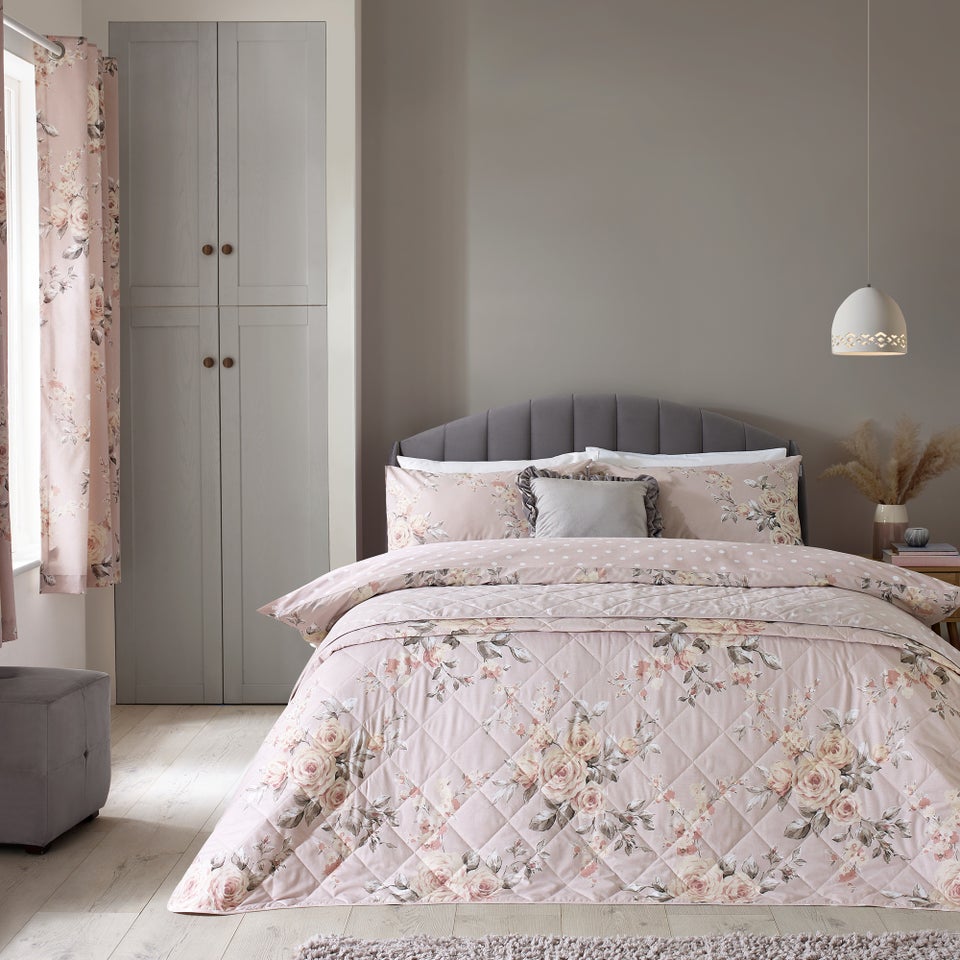 Catherine Lansfield Blush Pink Canterbury Floral Reversible Quilted Bedspread