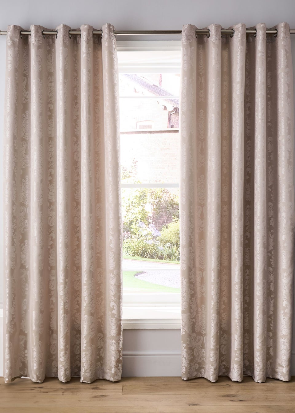 Catherine Lansfield Champagne Gold Damask Jacquard Lined Eyelet Curtains Two Panels