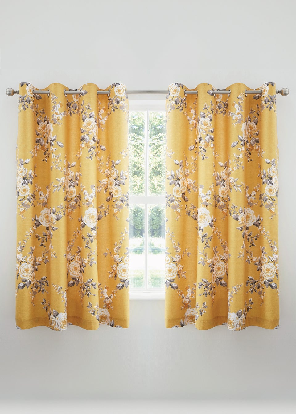Catherine Lansfield Ochre Yellow Canterbury Floral Lined Eyelet Curtains Two Panels