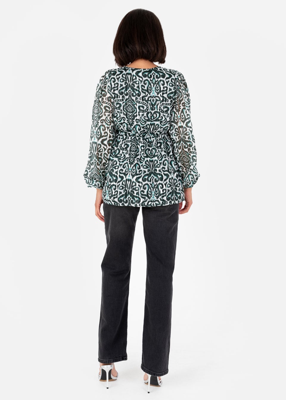 Lovedrobe Green Damask Print Long Sleeve Wrap Top