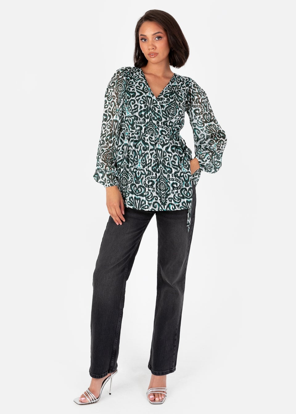 Lovedrobe Green Damask Print Long Sleeve Wrap Top