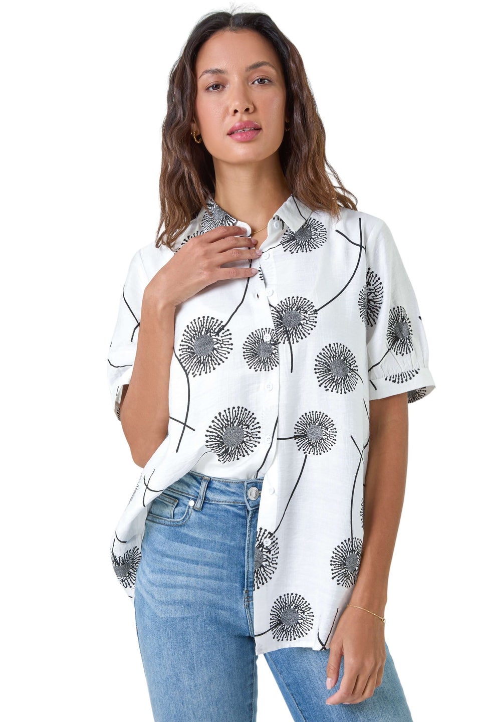 Roman Ivory Cotton Blend Dandelion Print Shirt