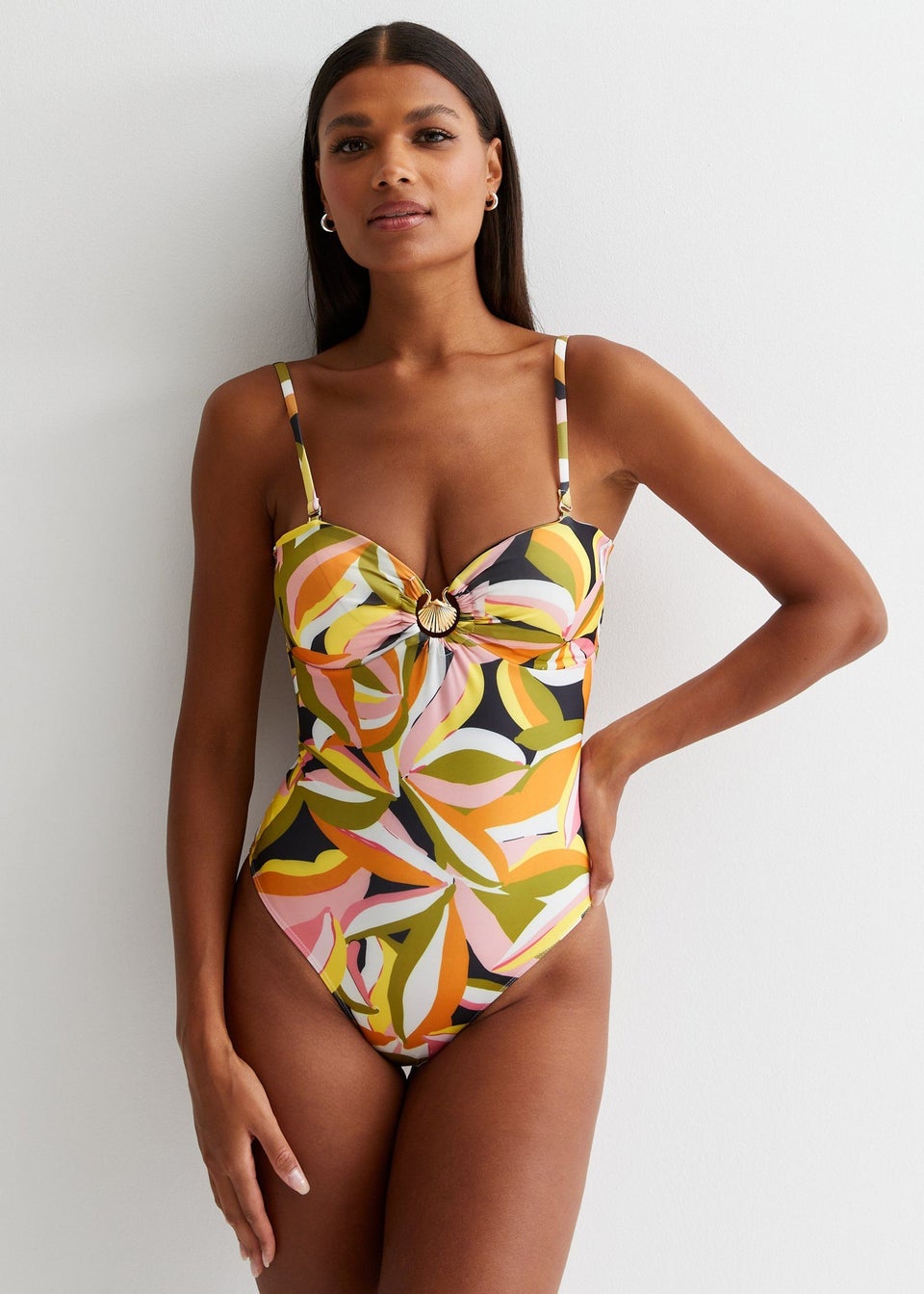 Gini London Yellow Tropical Palm Swimsuit With Gold Shell Hardware