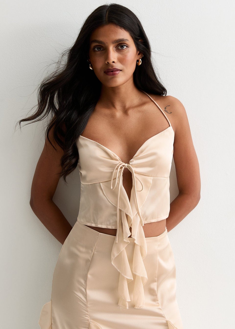 Gini London Champagne Satin Ruffle Tie Front Top