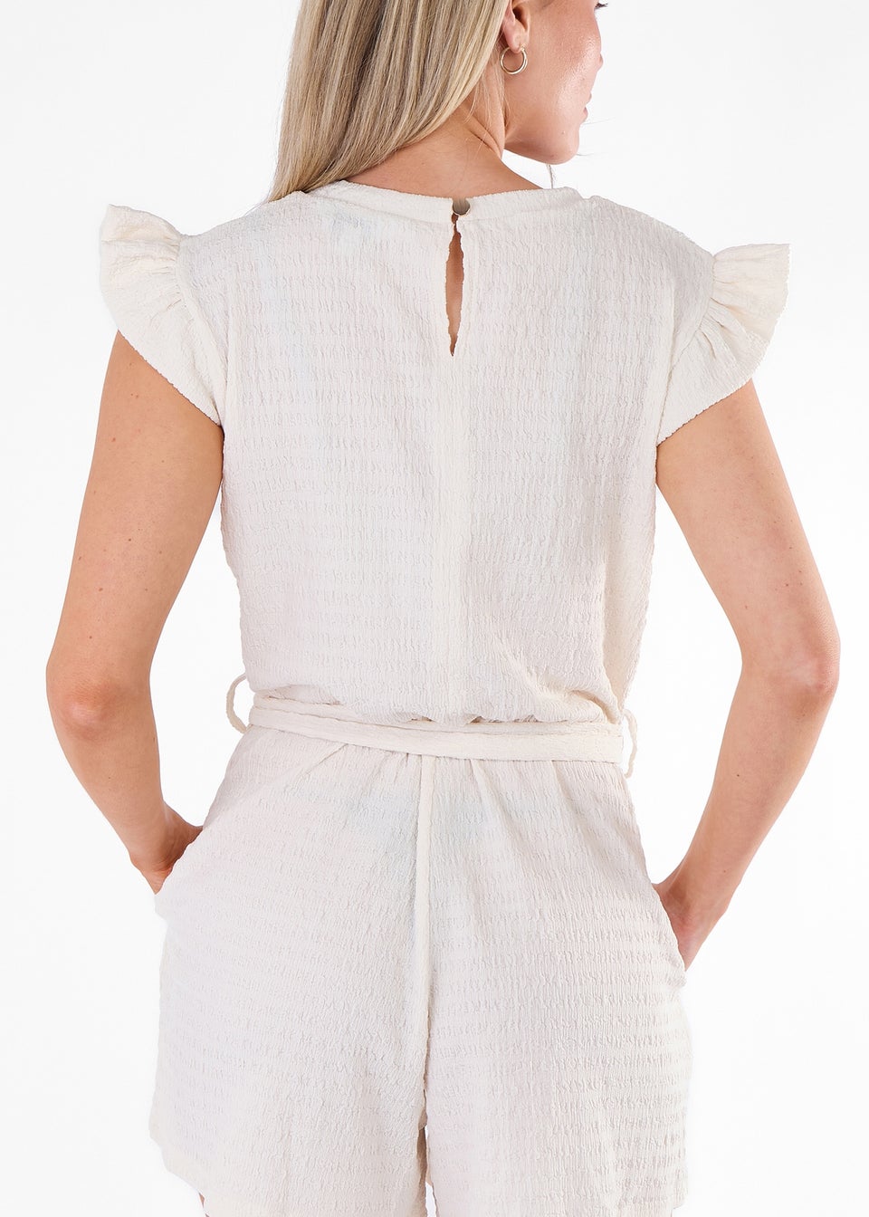 Gini London Cream Stretch Texture Frill Elasticated Waist Playsuit