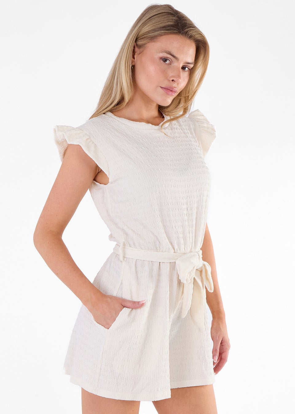 Gini London Cream Stretch Texture Frill Elasticated Waist Playsuit