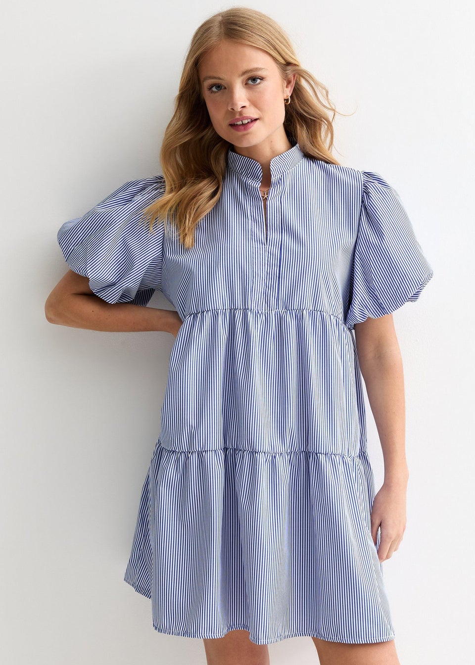 Gini London Blue Puff Sleeve Stripe Tiered Dress