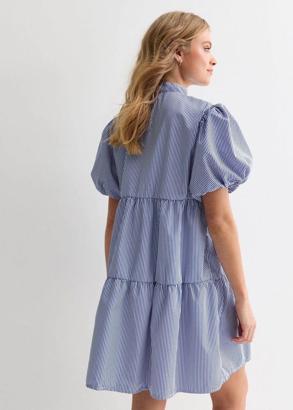 Gini London Blue Puff Sleeve Stripe Tiered Dress
