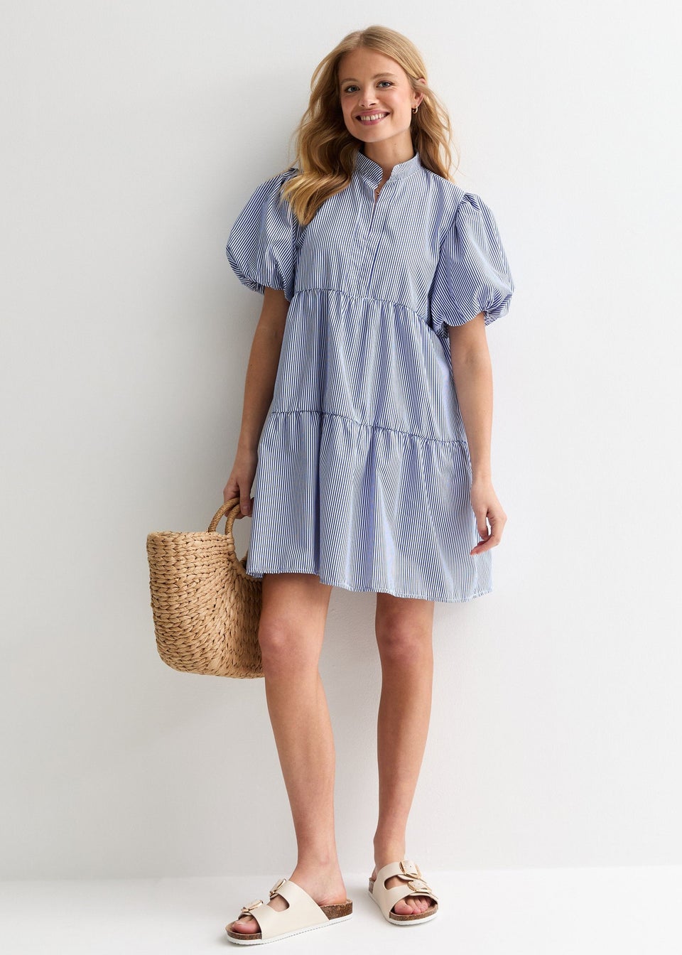 Gini London Blue Puff Sleeve Stripe Tiered Dress