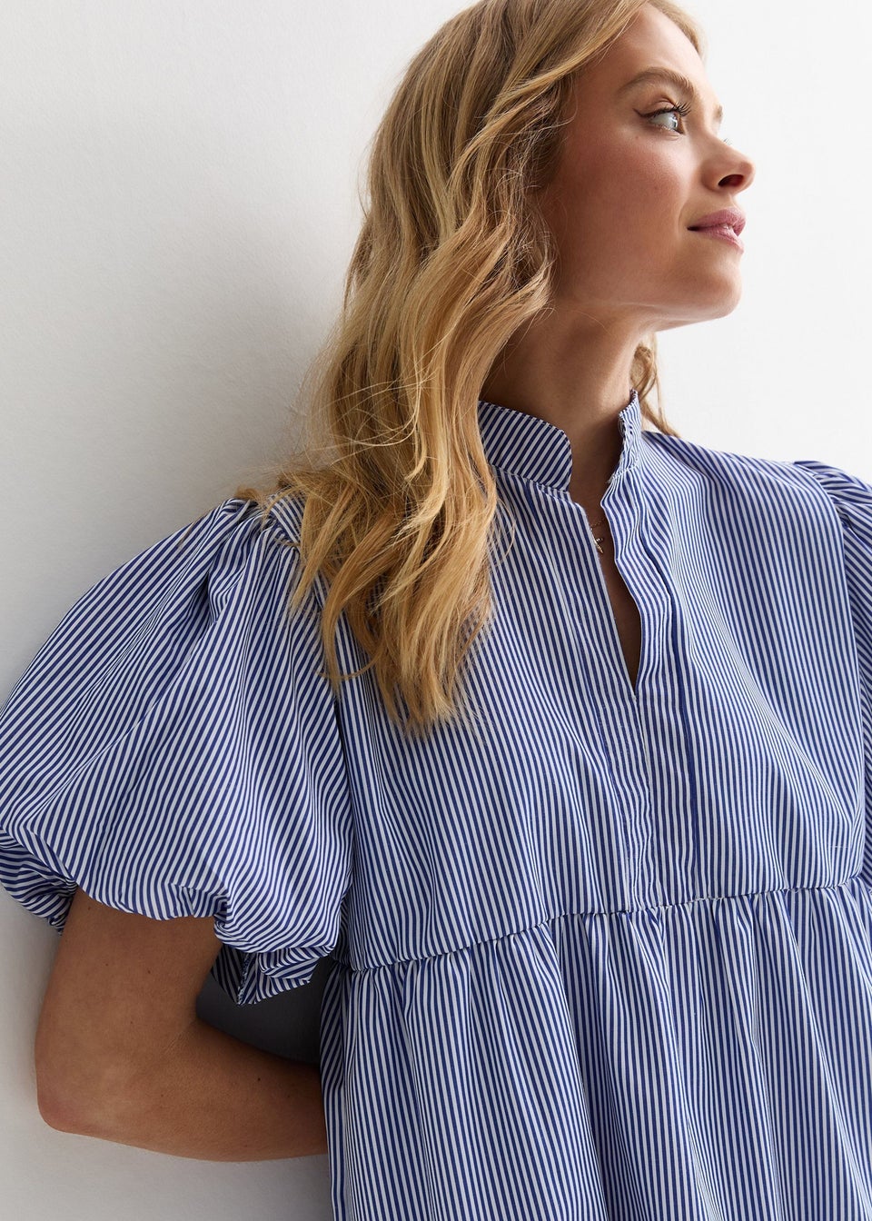 Gini London Blue Puff Sleeve Stripe Tiered Dress