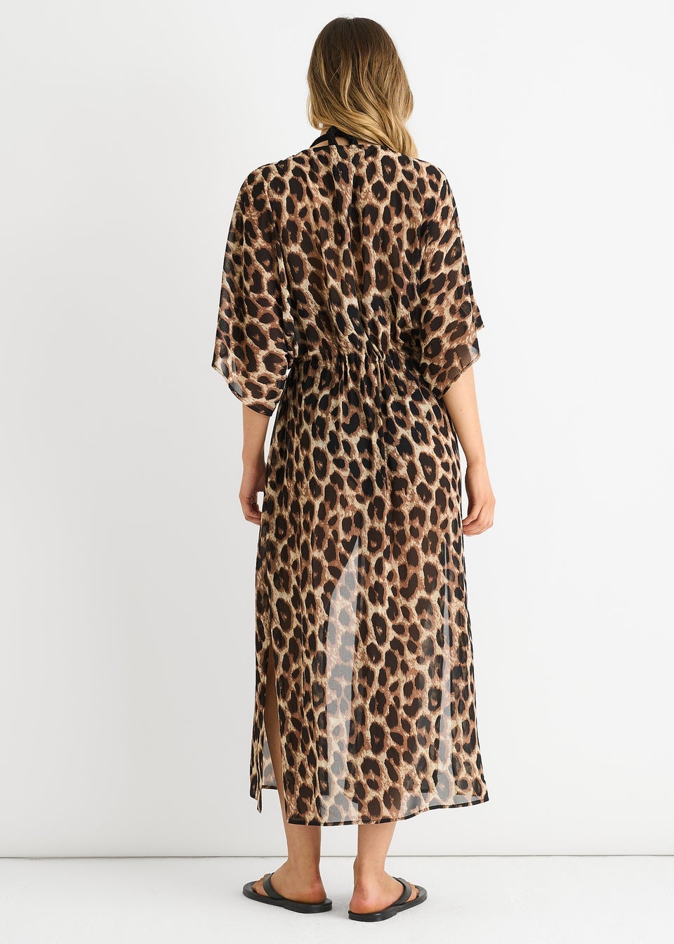 Gini London Brown Animal Print Flowy Open Front Beach Cover Kimono