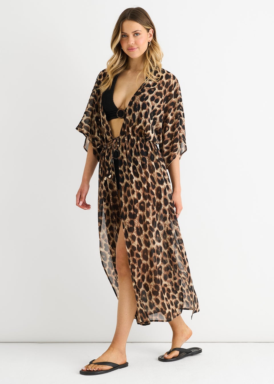 Gini London Brown Animal Print Flowy Open Front Beach Cover Kimono