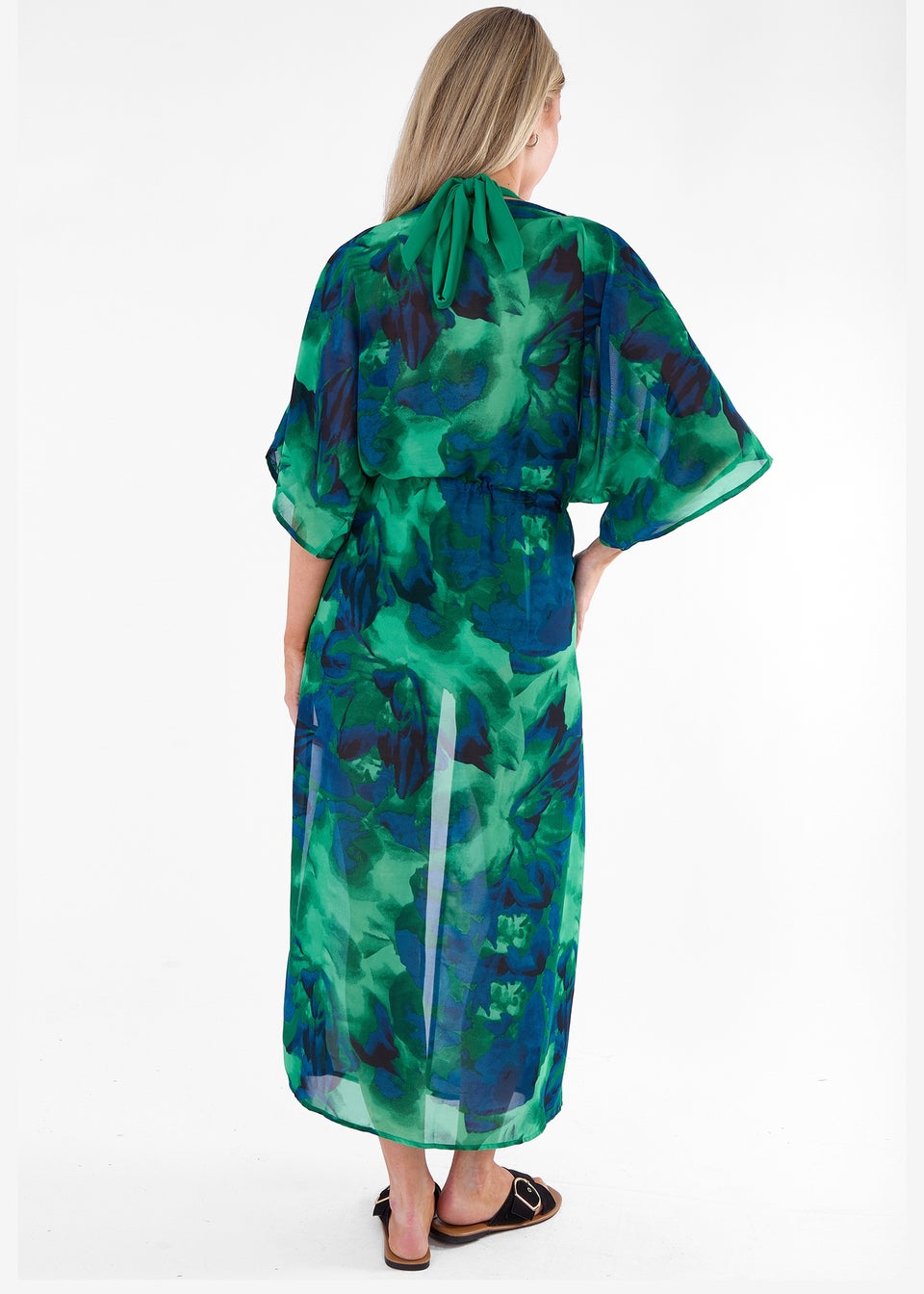 Gini London Green Flowy Open Front Beach Cover Kimono