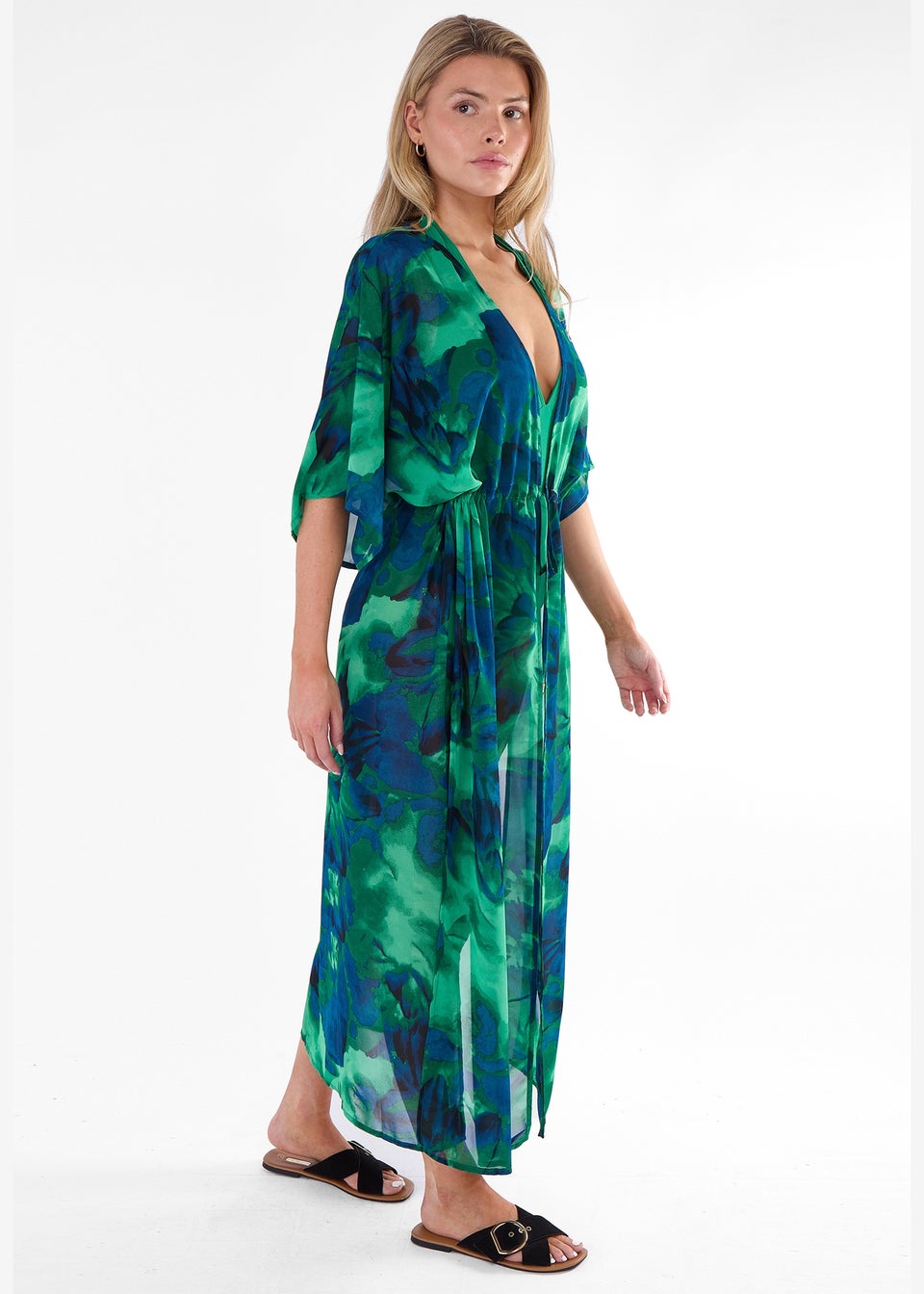 Gini London Green Flowy Open Front Beach Cover Kimono