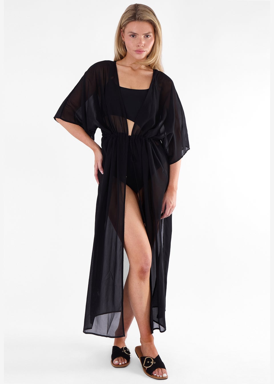 Gini London Black Flowy Open Front Beach Cover Kimono
