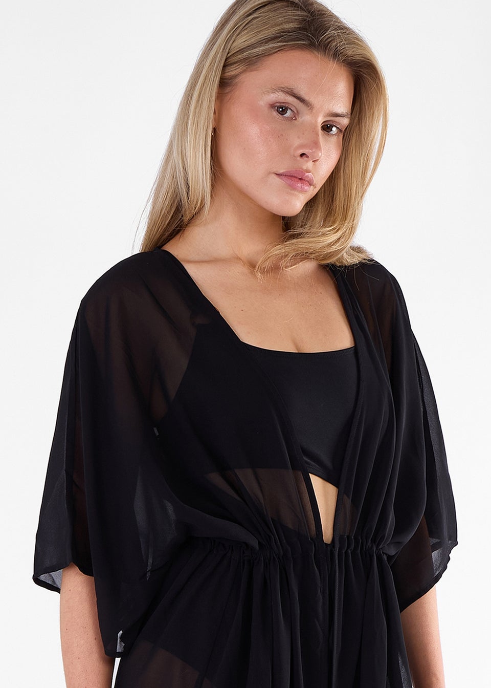 Gini London Black Flowy Open Front Beach Cover Kimono