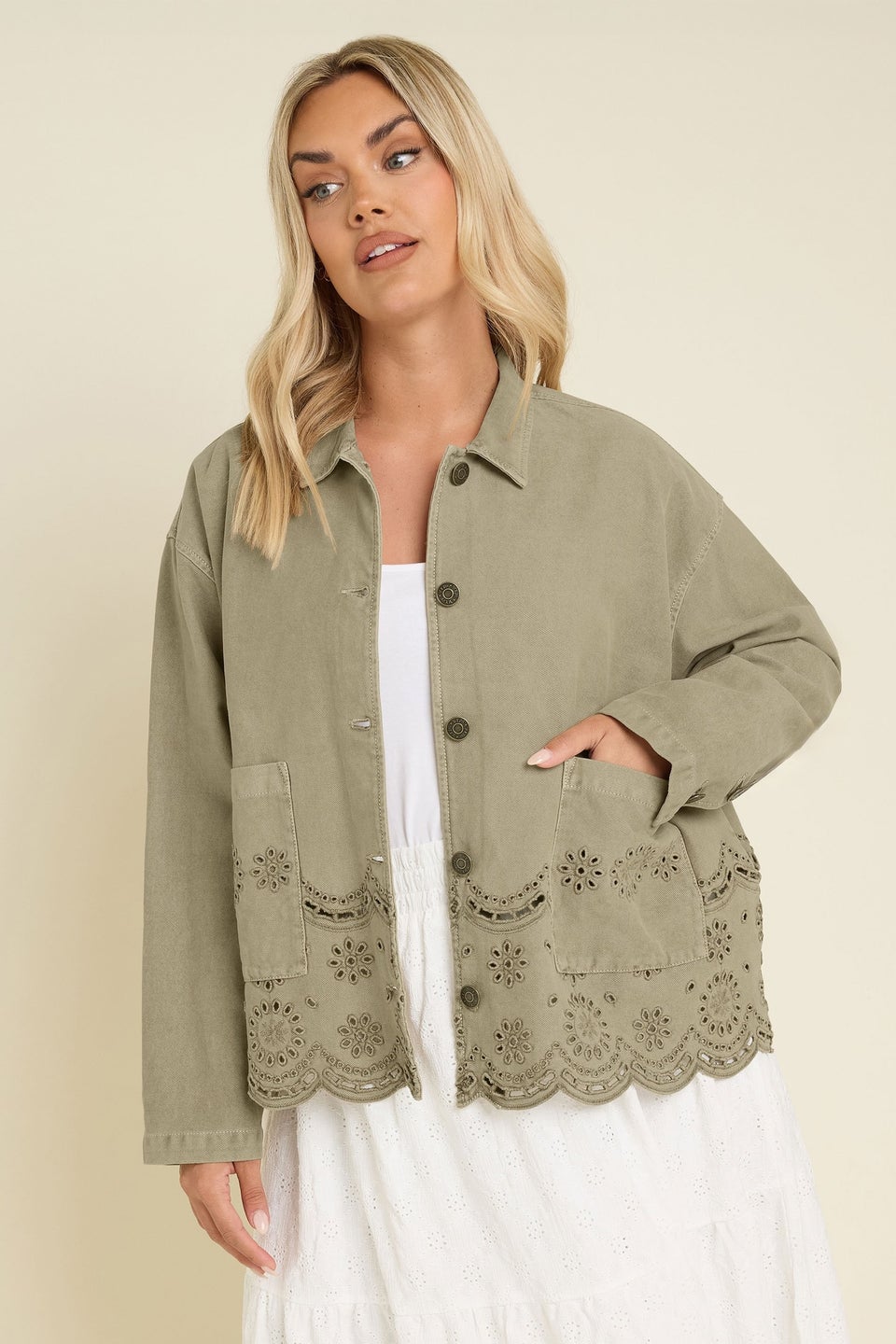 Yours Curve Khaki Green Broderie Anglaise Twill Shacket